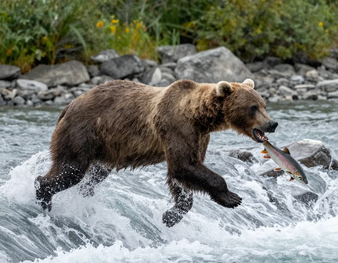 Dynamic action brown bear leaping into river catching salmon