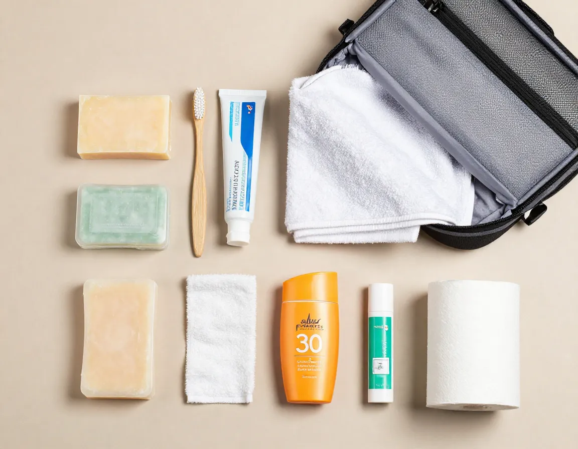 Microfiber towel soap and sunscreen in compact hygiene kit