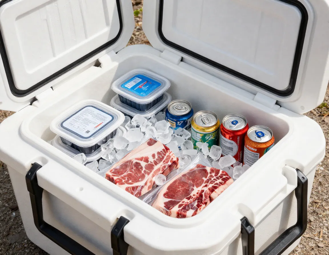 Open premium rotomolded cooler with block ice and food packs
