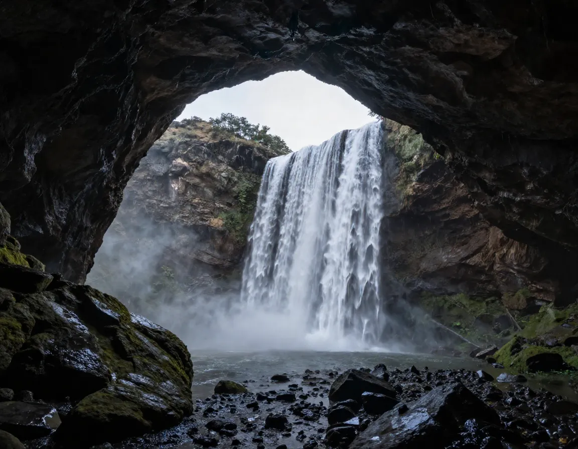 Unique angle inside cave looking out at famous waterfall
