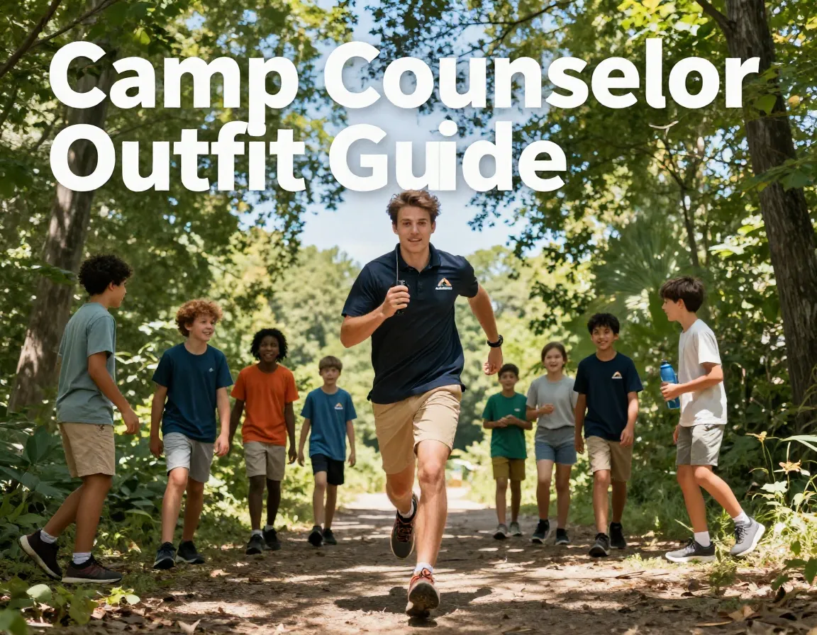 Confident counselor leading campers on wooded trail outdoor adventure