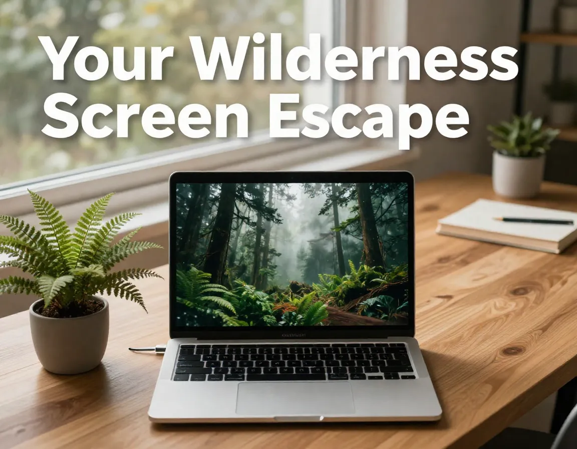 Laptop displays misty forest wallpaper in minimalist home office