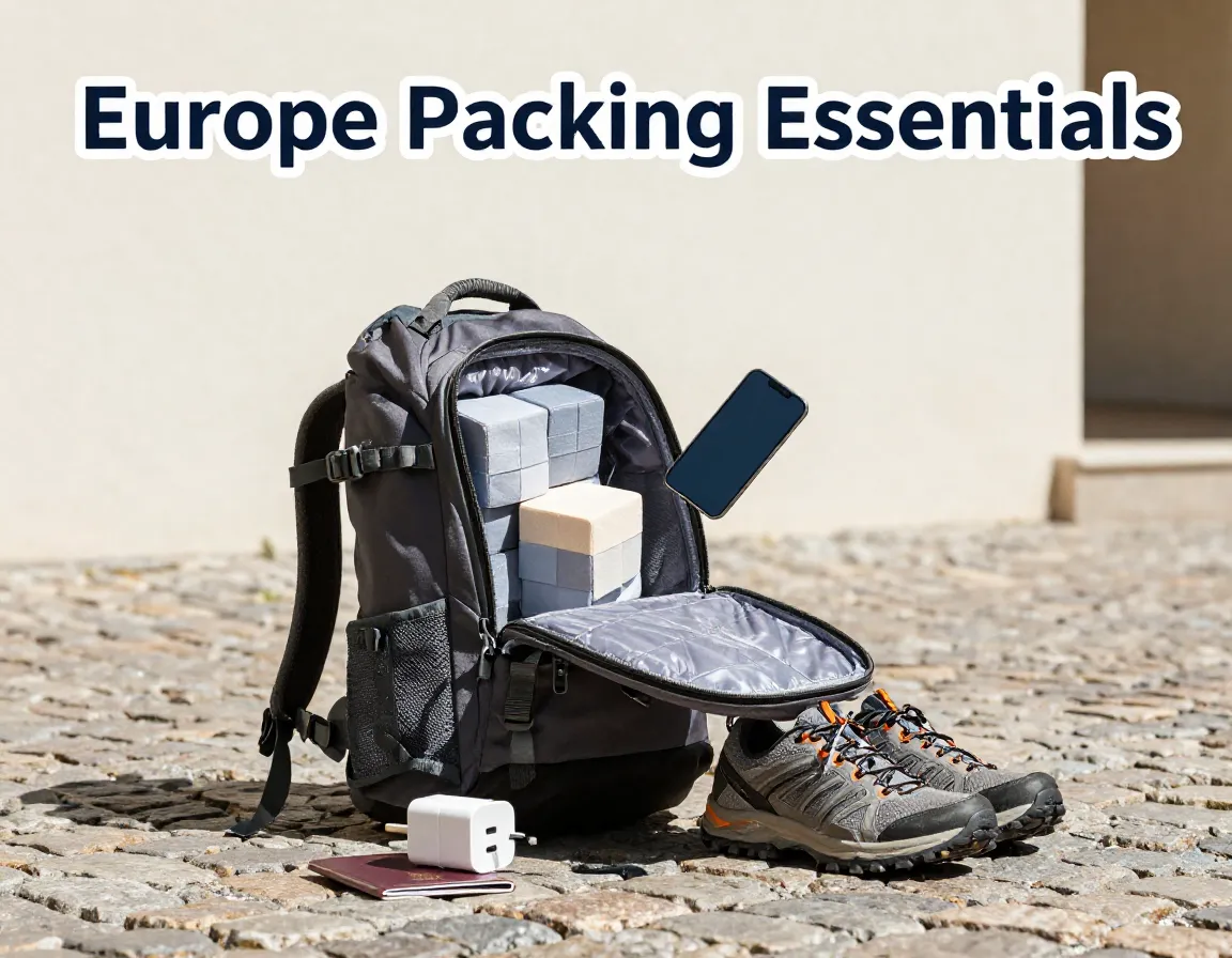 Modern backpacking items merino wool packing cubes electronics on cobblestones