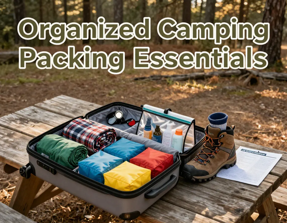 Organized camping suitcase with packing cubes rolled shirt gear