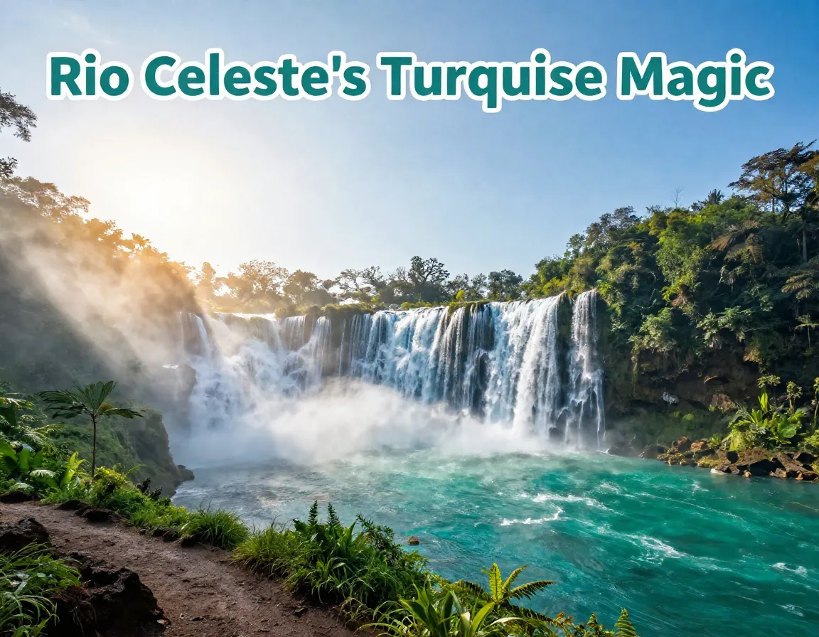 Turquoise waterfall emerald forest morning light mist riverbank