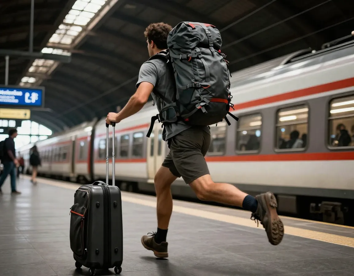 Backpacker sprinting through european train station with compact bag
