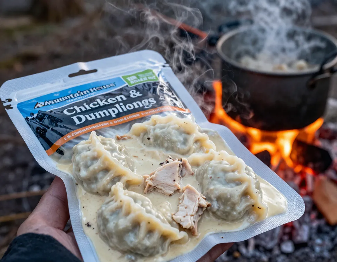 Chicken dumplings rehydrated in pouch by campfire after summit