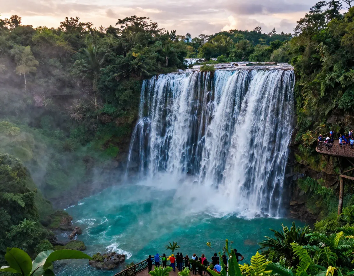 Iconic blue waterfall plunging into turquoise pool within dense rainforest