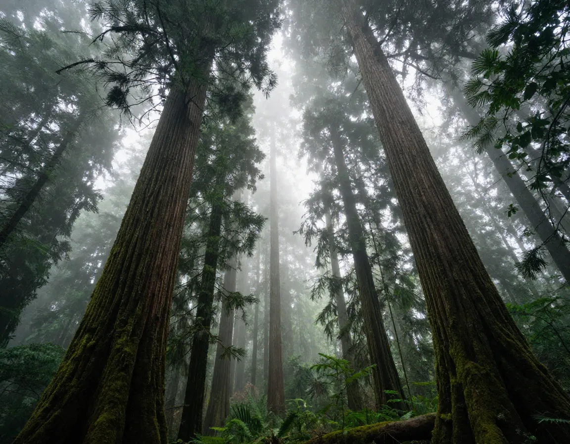 Misty old growth forest fog draped douglas firs morning light