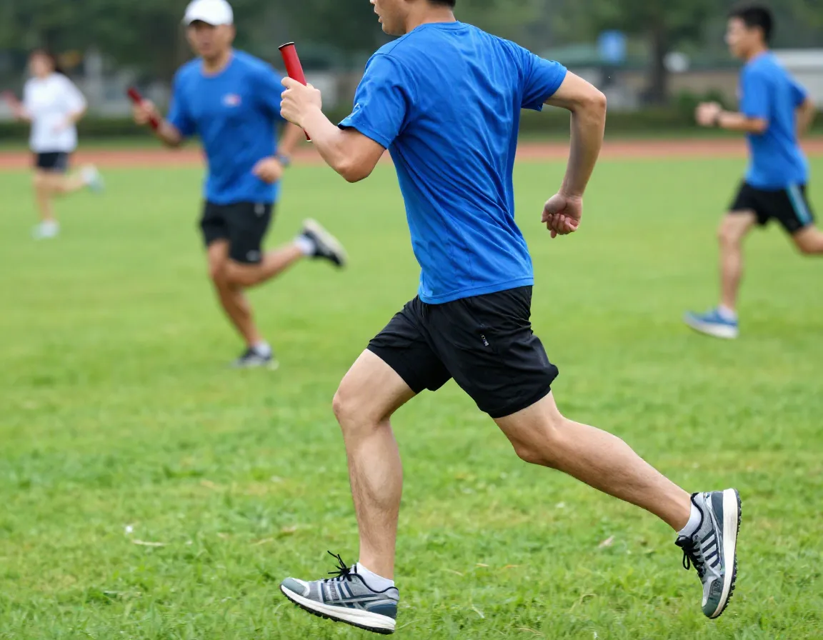 Active athletics combo counselor running relay race field