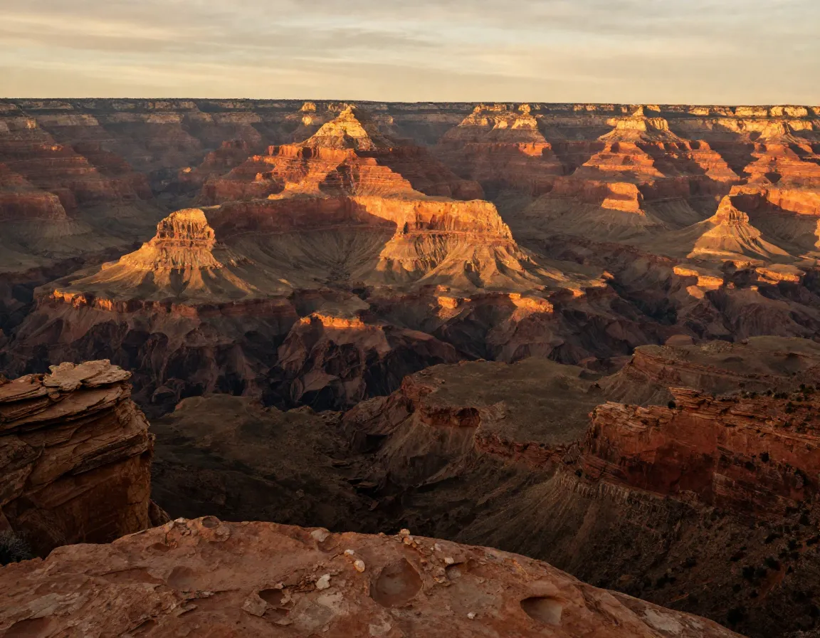 Desert canyon golden hour warm amber light red rock