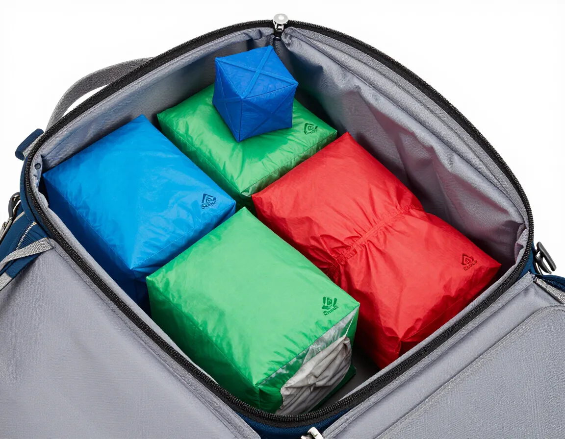 Organized packing cubes and compression bags inside open clamshell backpack