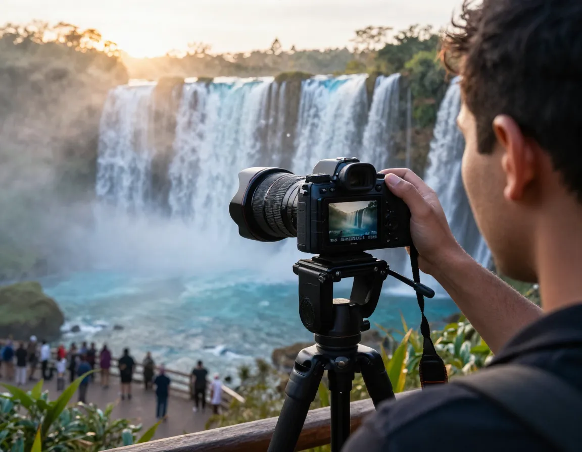 Photographer capturing blue waterfall in soft morning light