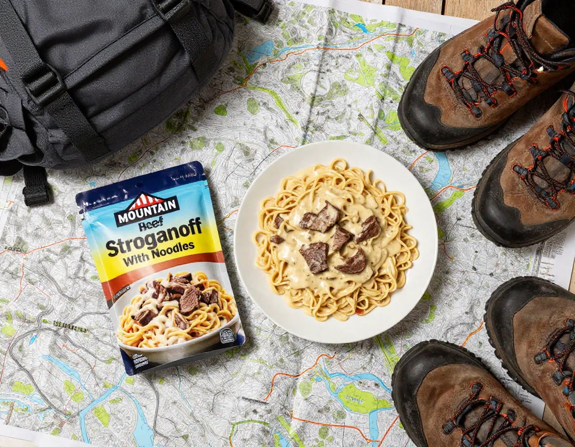 Beef stroganoff creamy sauce noodles rehydrated on hiking map