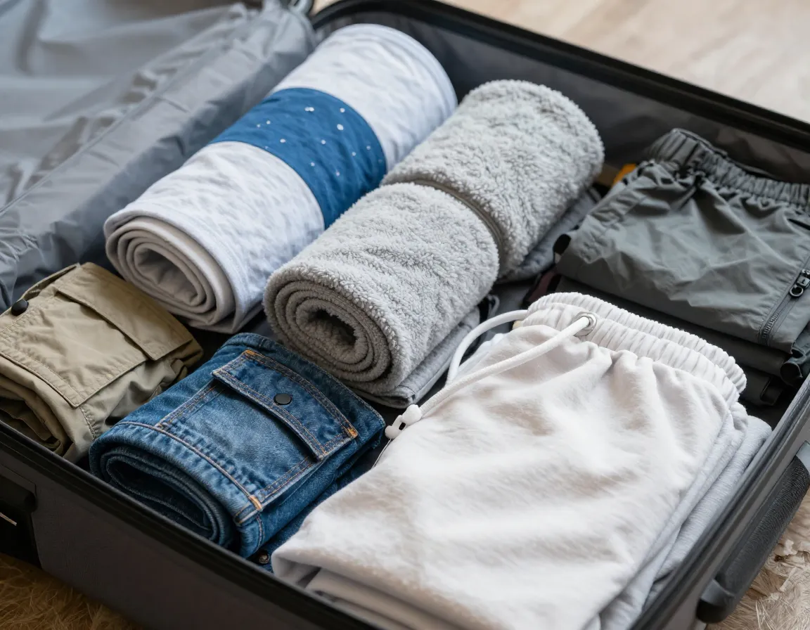 Rolled casual clothes neatly packed inside a camping suitcase