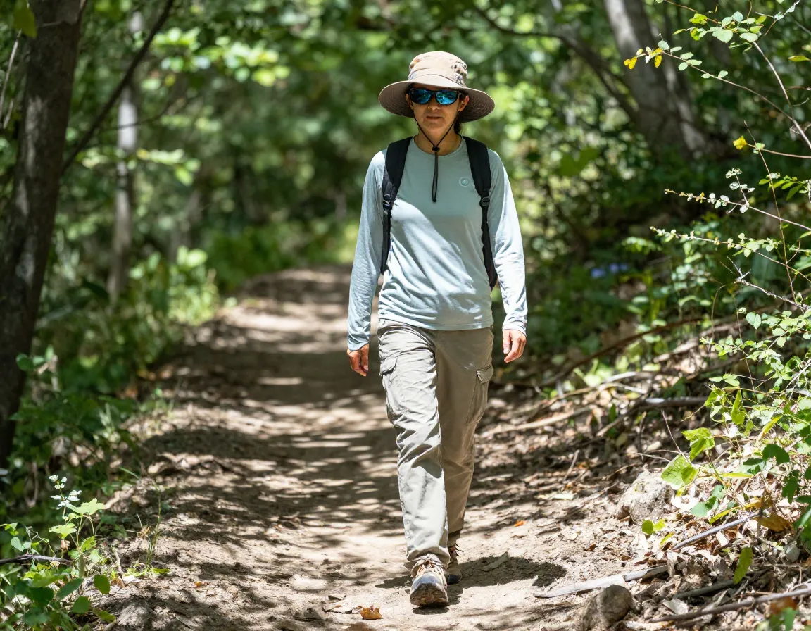 Sun smart outdoor look counselor hiking forest trail