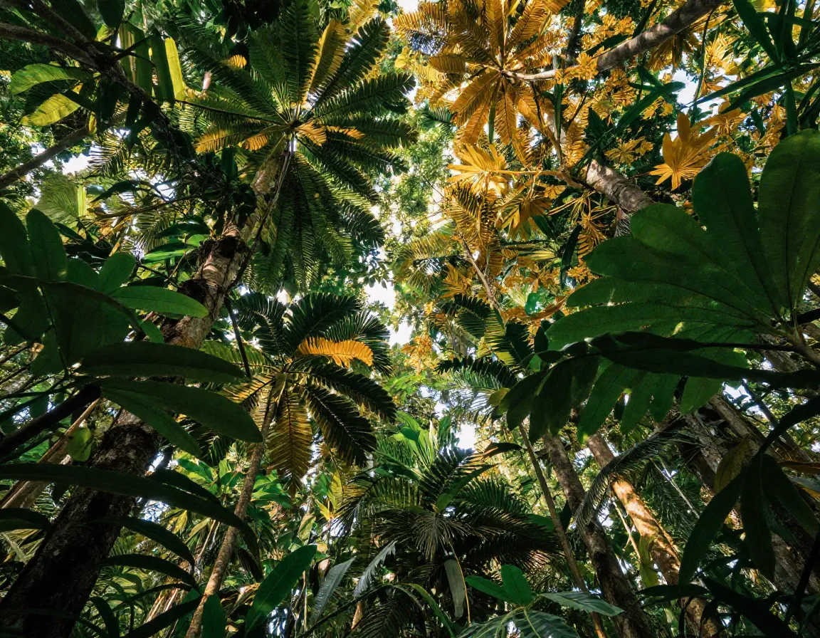 Tropical rainforest canopy upward view dense green gold leaves