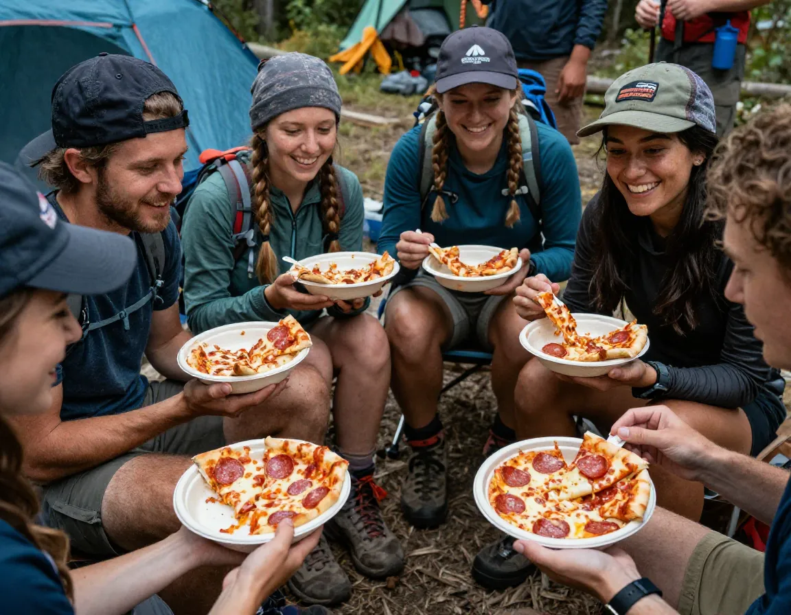 Cheesy pepperoni pizza bowl pouch popular crowd on trail