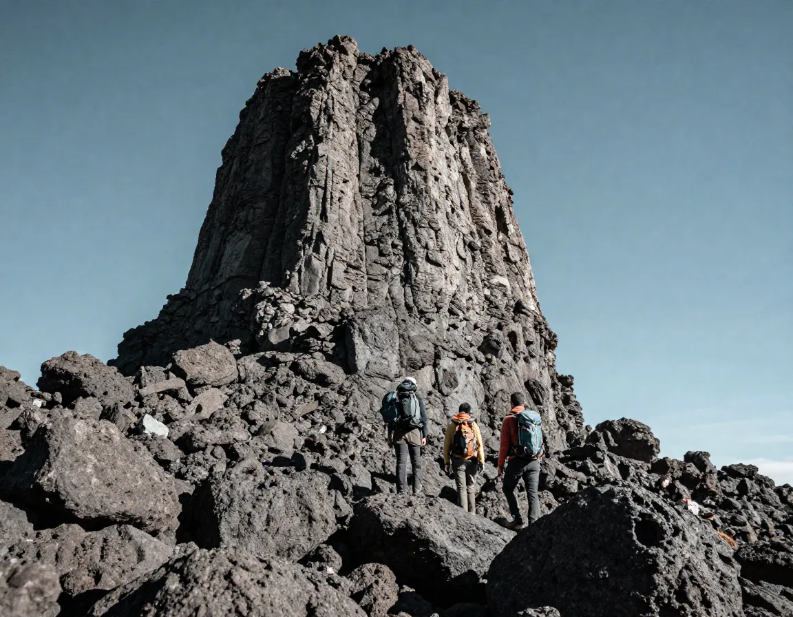 Hiker at lava tower with guide on climb high sleep low day