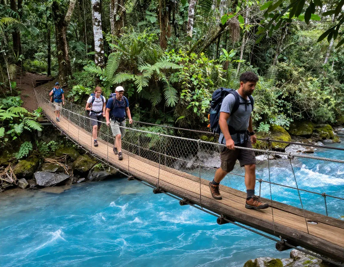Hikers crossing wooden suspension bridge over blue river