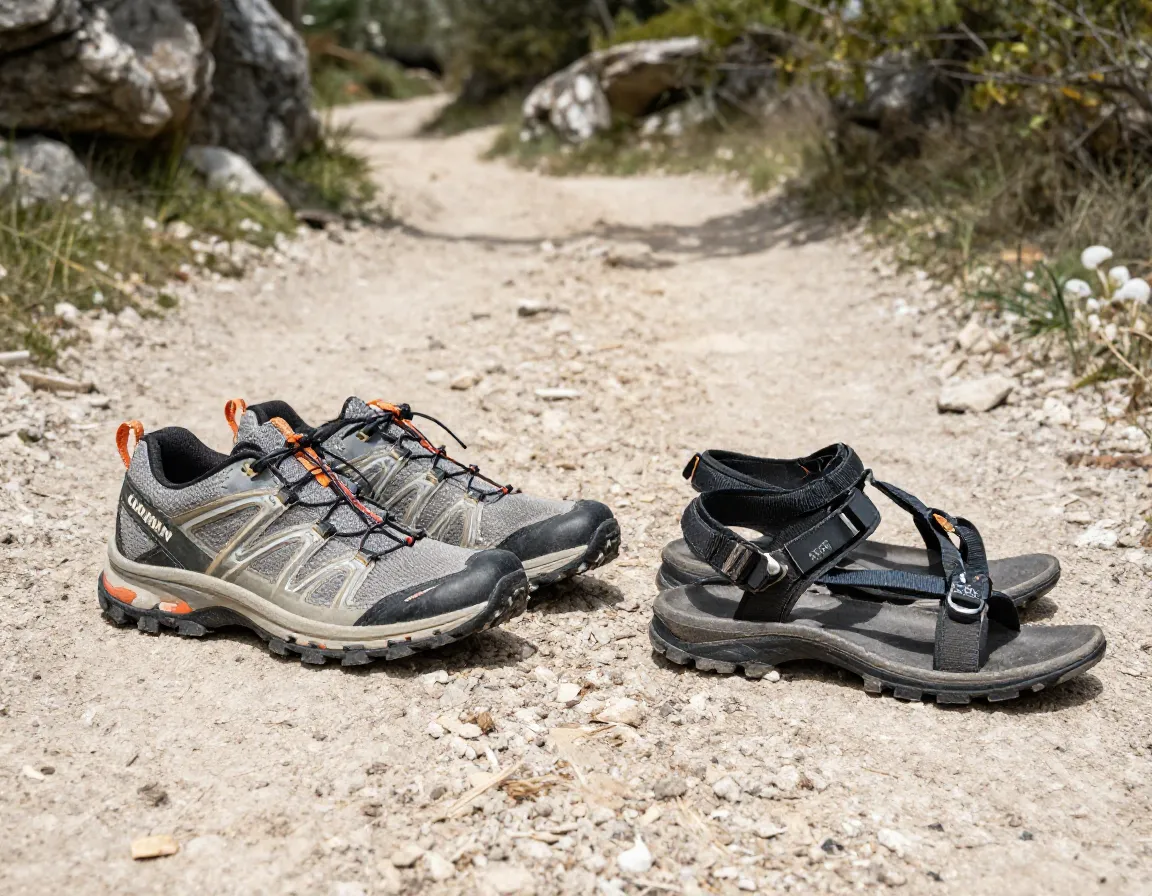 Trail runners and packable sandals on european hiking path