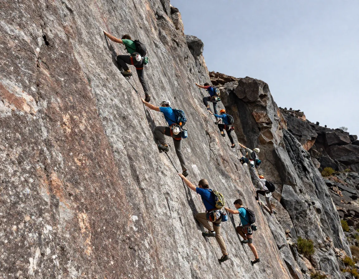 Climbers ascending barranco wall with handholds on cliff