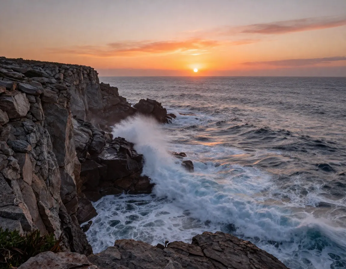 Ocean cliffside sunrise rugged stone crashing waves