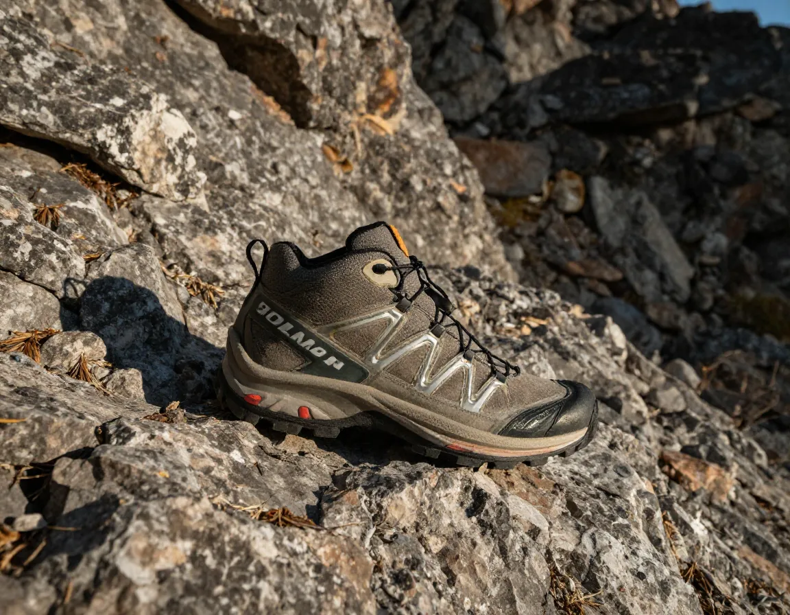 Salomon x ultra 4 mid gtx shoe on rugged rocky scrambling terrain