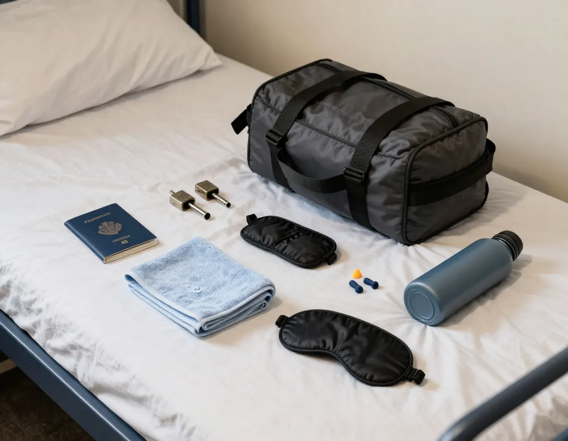 Travel accessories spread out on hostel dorm bed