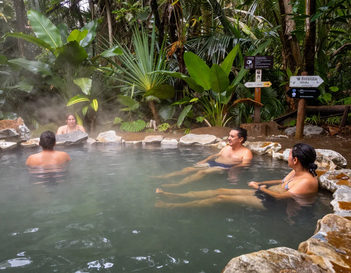 Visitors relaxing in natural mineral hot spring pool