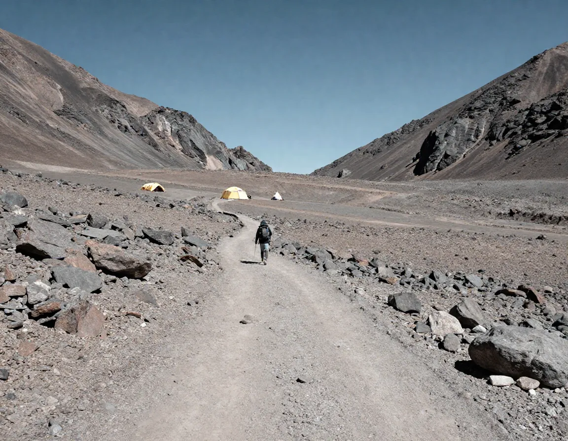 Alpine desert trail to barafu camp with stark rocky landscape