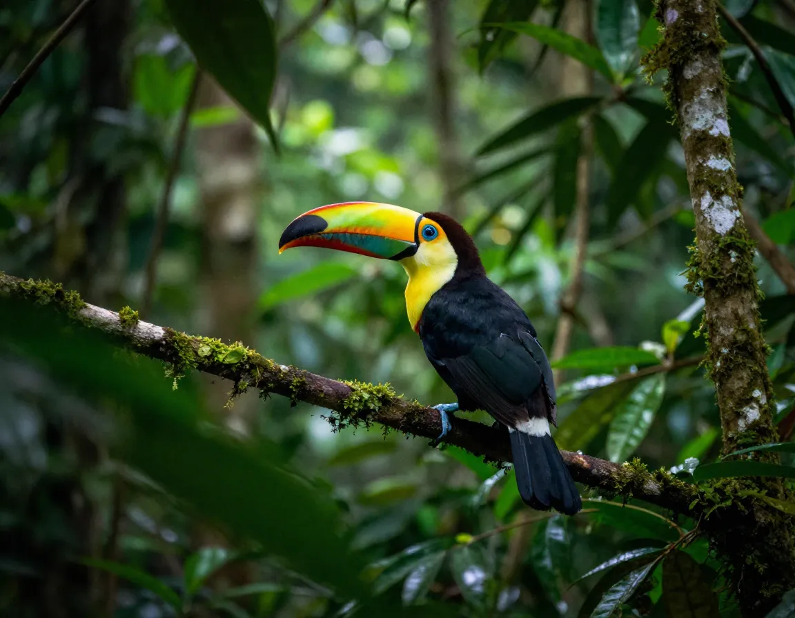 Colorful toucan perched on branch in dense rainforest canopy