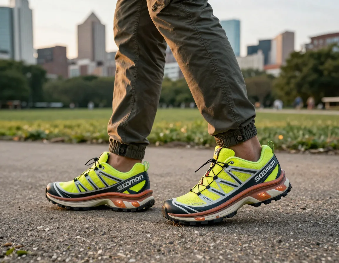 Salomon xt 6 gtx in bold colorway on urban park gravel path