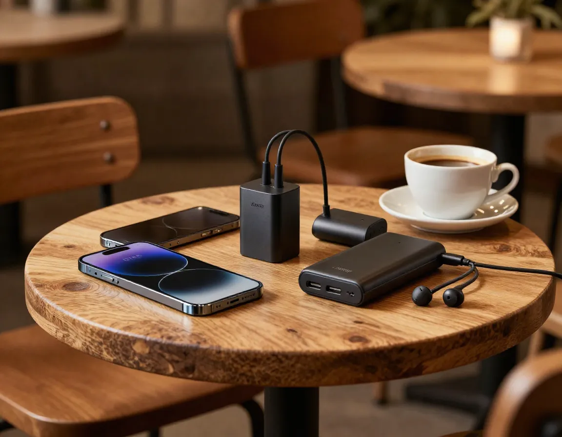 Smartphone adapter power bank and earbuds on european cafe table