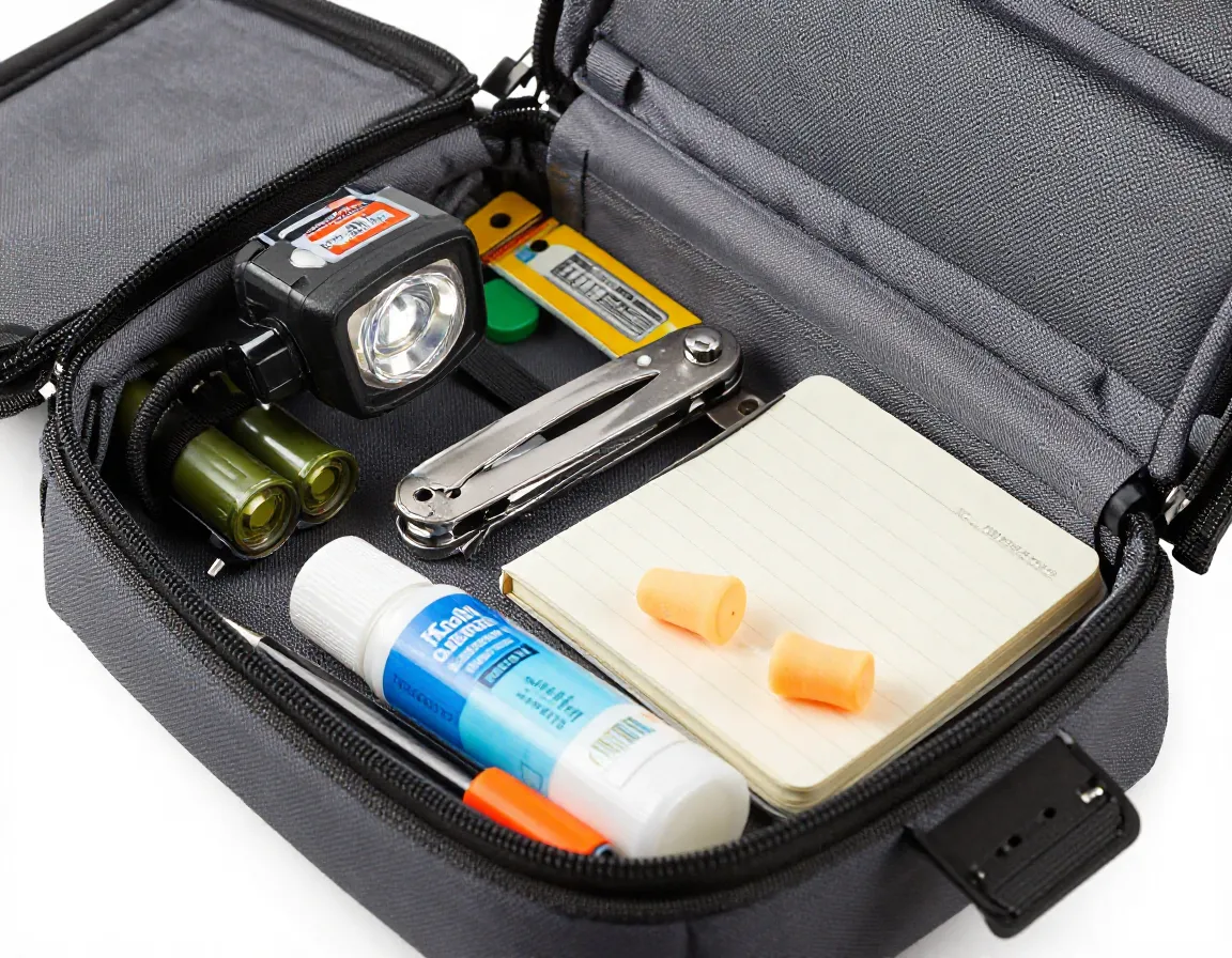 Camp night kit pouch containing essential first night camping items