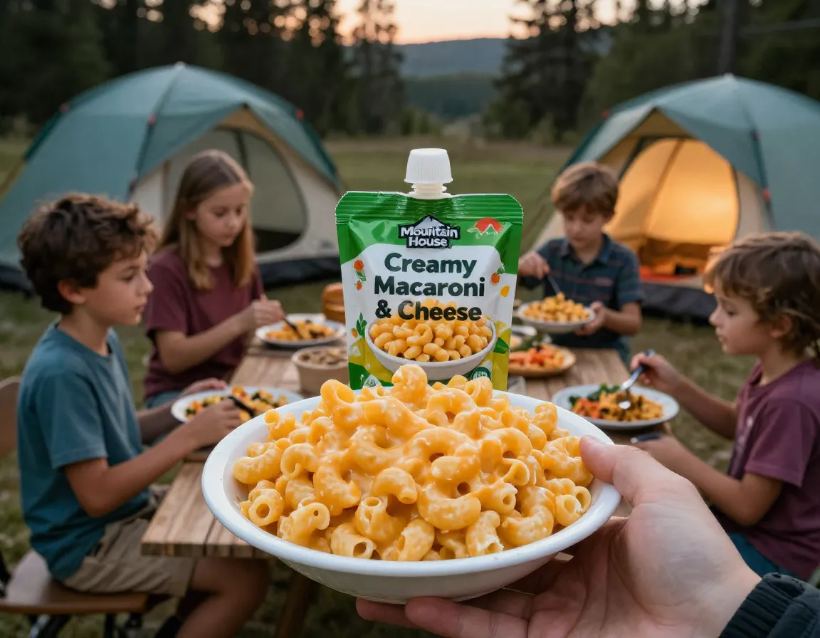 Creamy macaroni cheese vegetarian pouch family camping trip