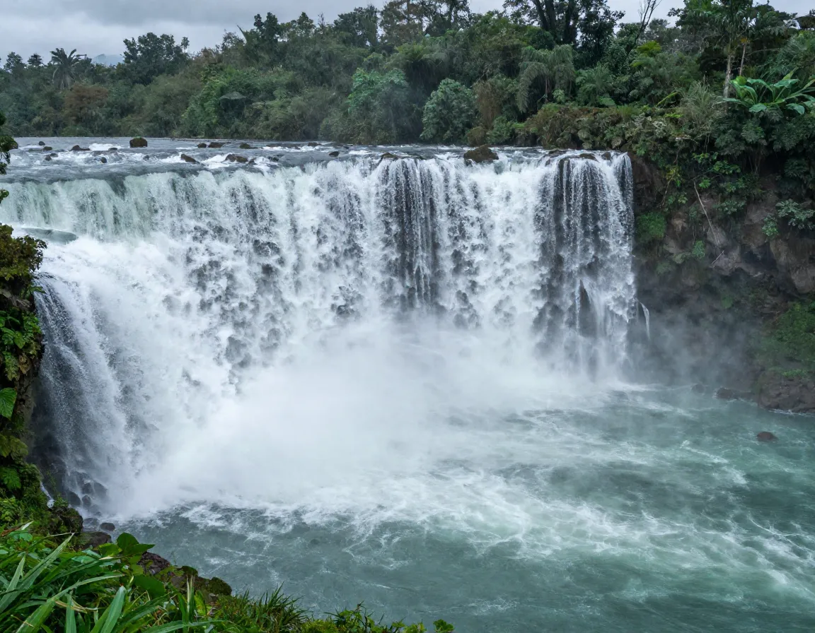 Powerful waterfall with milky blue water during rainy season