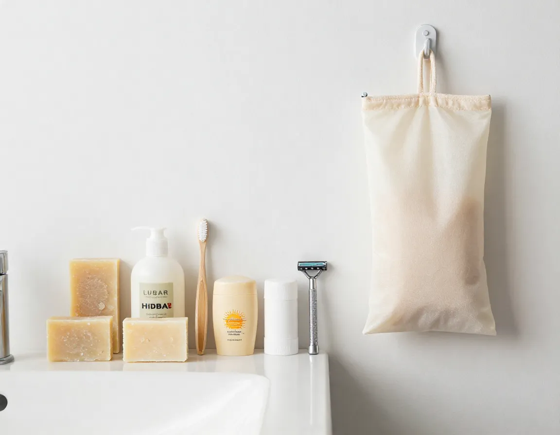 Solid toiletry bars and hanging bag in minimalist bathroom