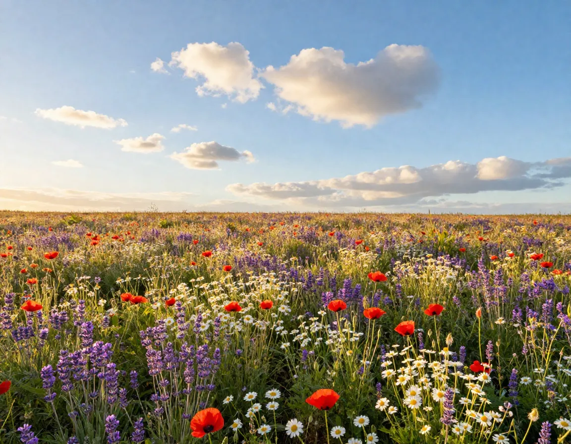 Wildflower meadow full bloom poppies lavender daisies blue sky