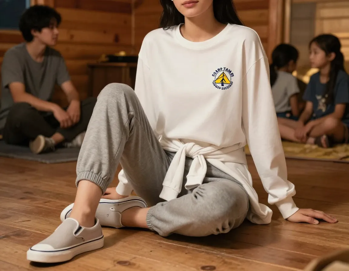 Overnight camp casual outfit counselor cabin floor evening