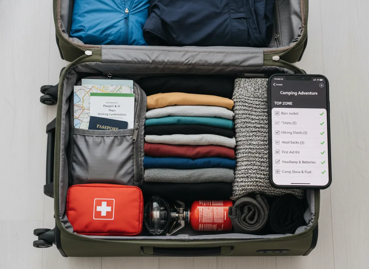 Packing checklist on phone screen with suitcase zones visible