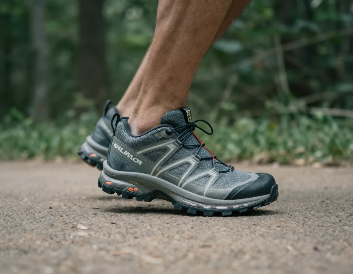 Salomon predict hike mid gtx shoe on a smooth forest path