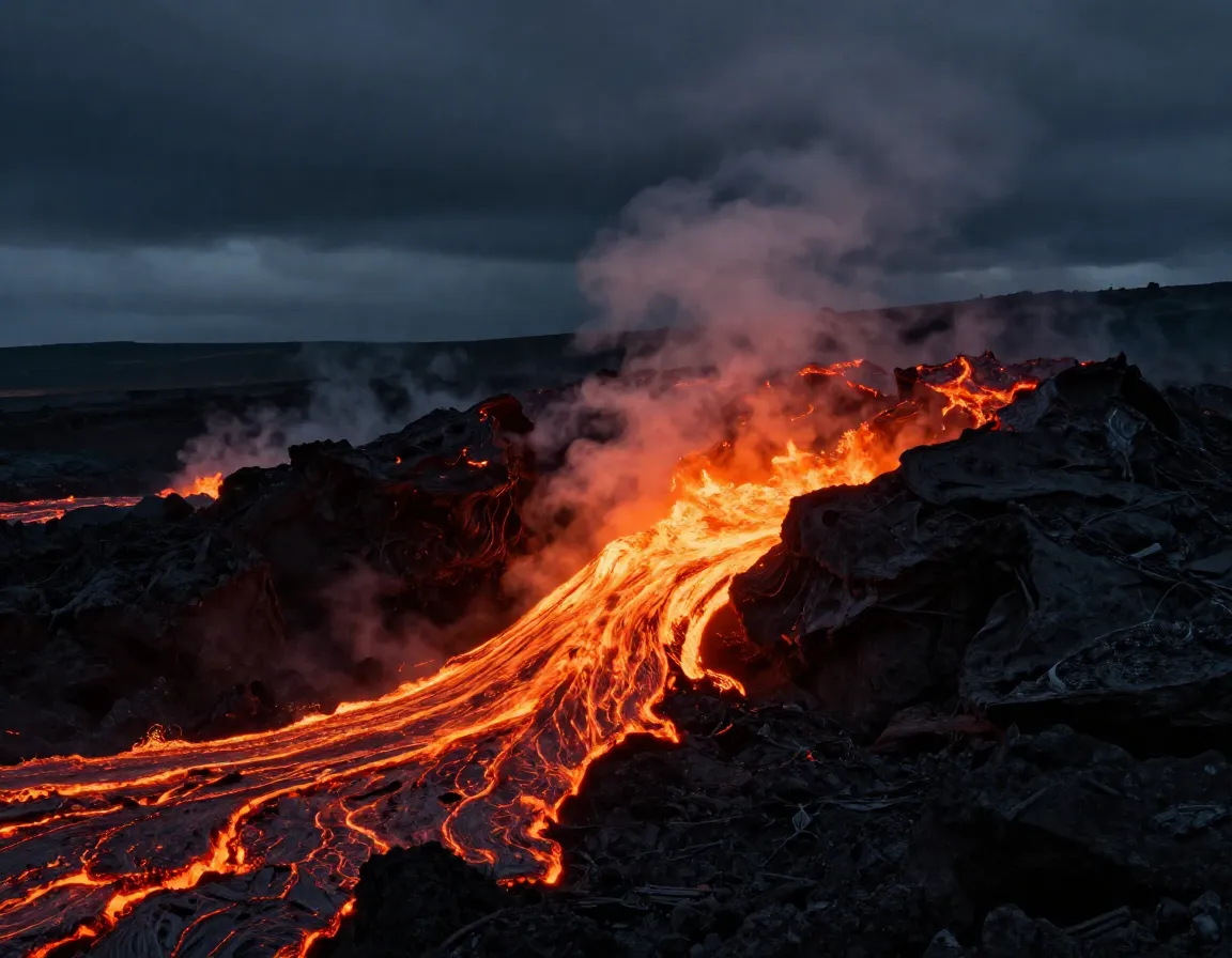 Volcanic landscape glowing lava flows black rock steam