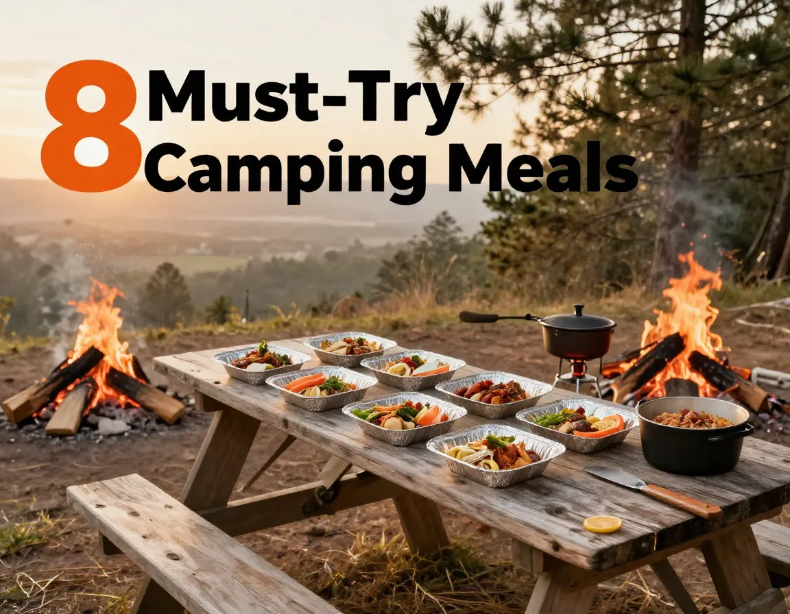 Eight foil packet meals campfire campsite overhead arrangement