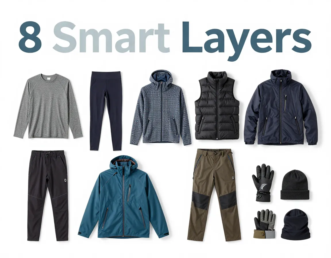 Eight layering system garments flat lay arranged outdoor hiking guide