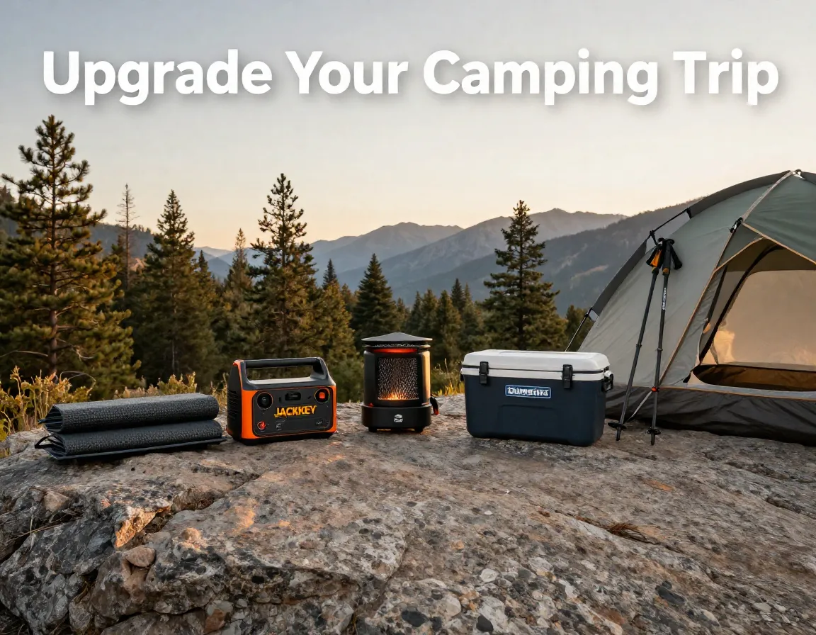 Essential camping upgrades arranged on foreground rock slab