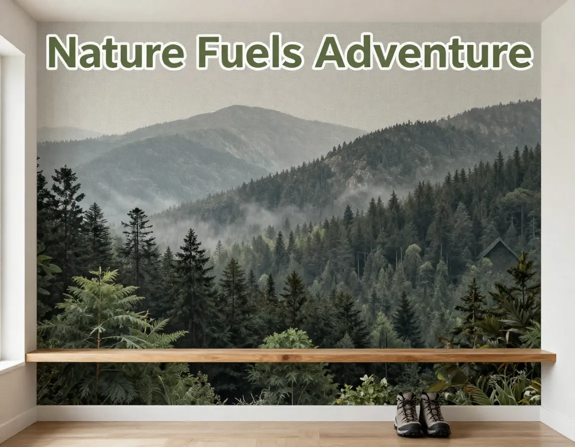 Modern accent wall misty forest wallpaper hiking boots ready adventure