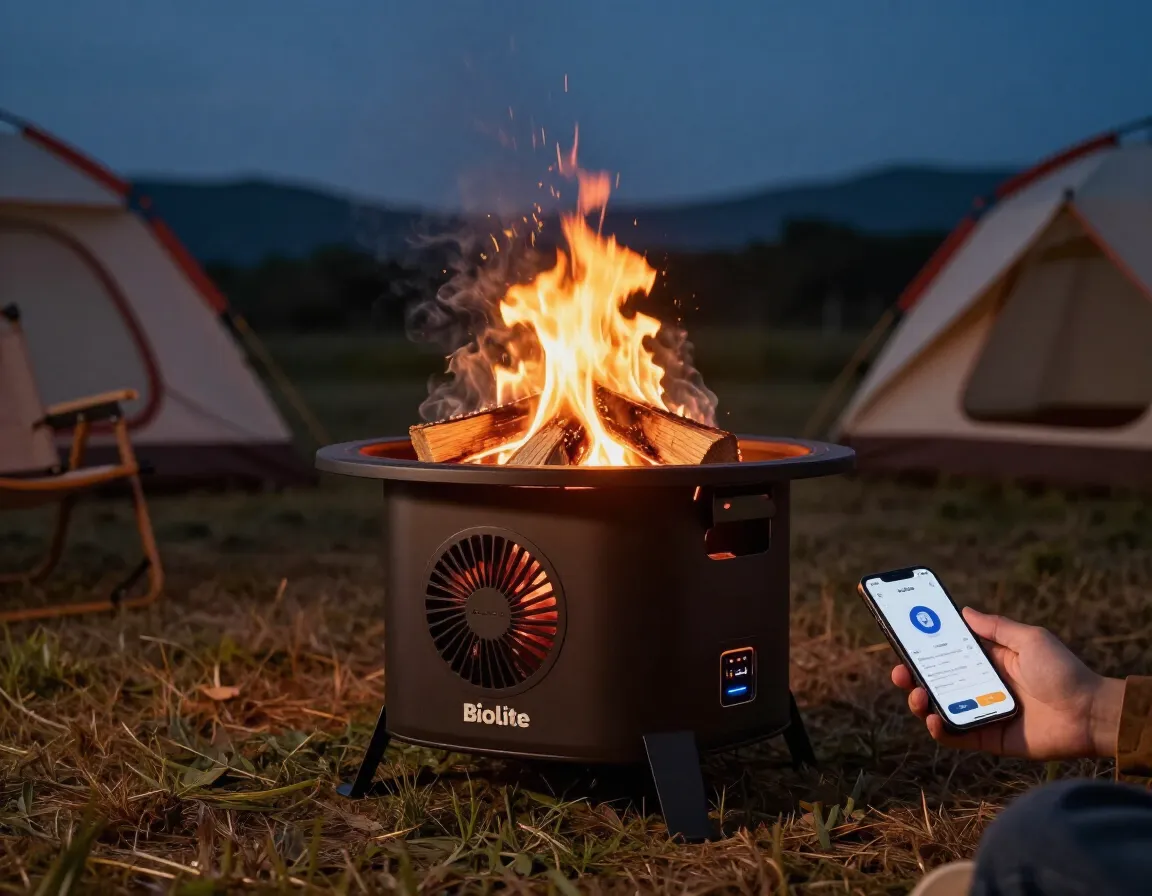Biolite firepit with smartgrill smokeless fire pit at a cozy campsite