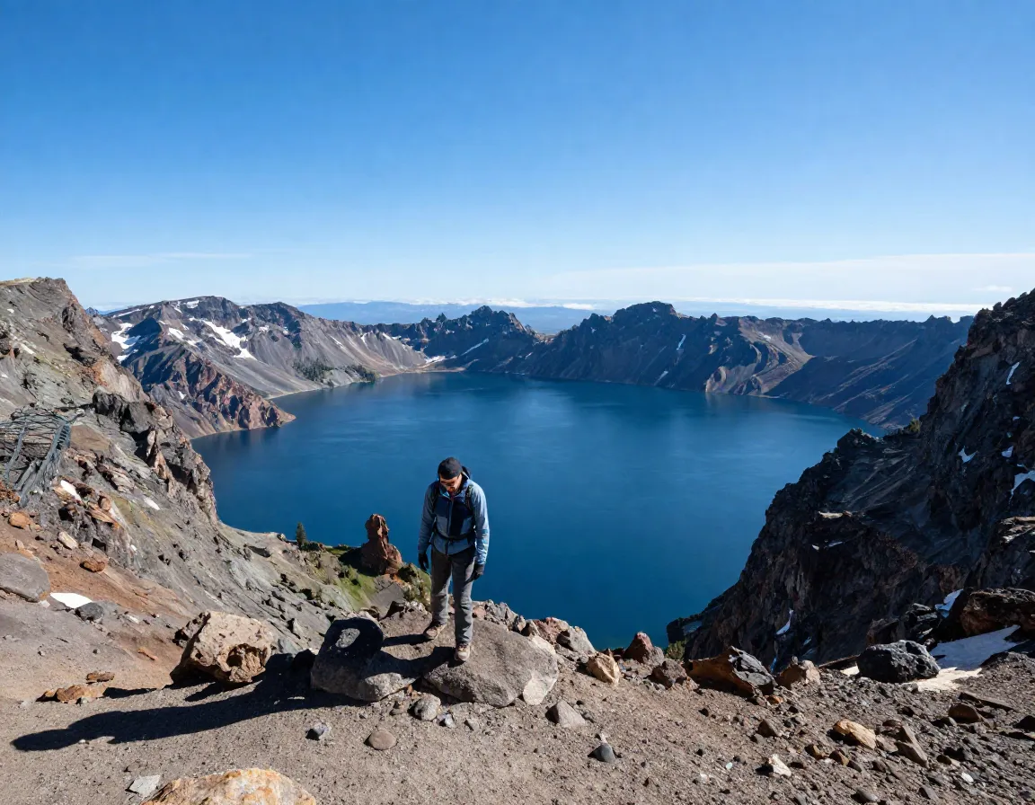 Hiker ascending volcanic peak crater lake summit with panoramic mountain views