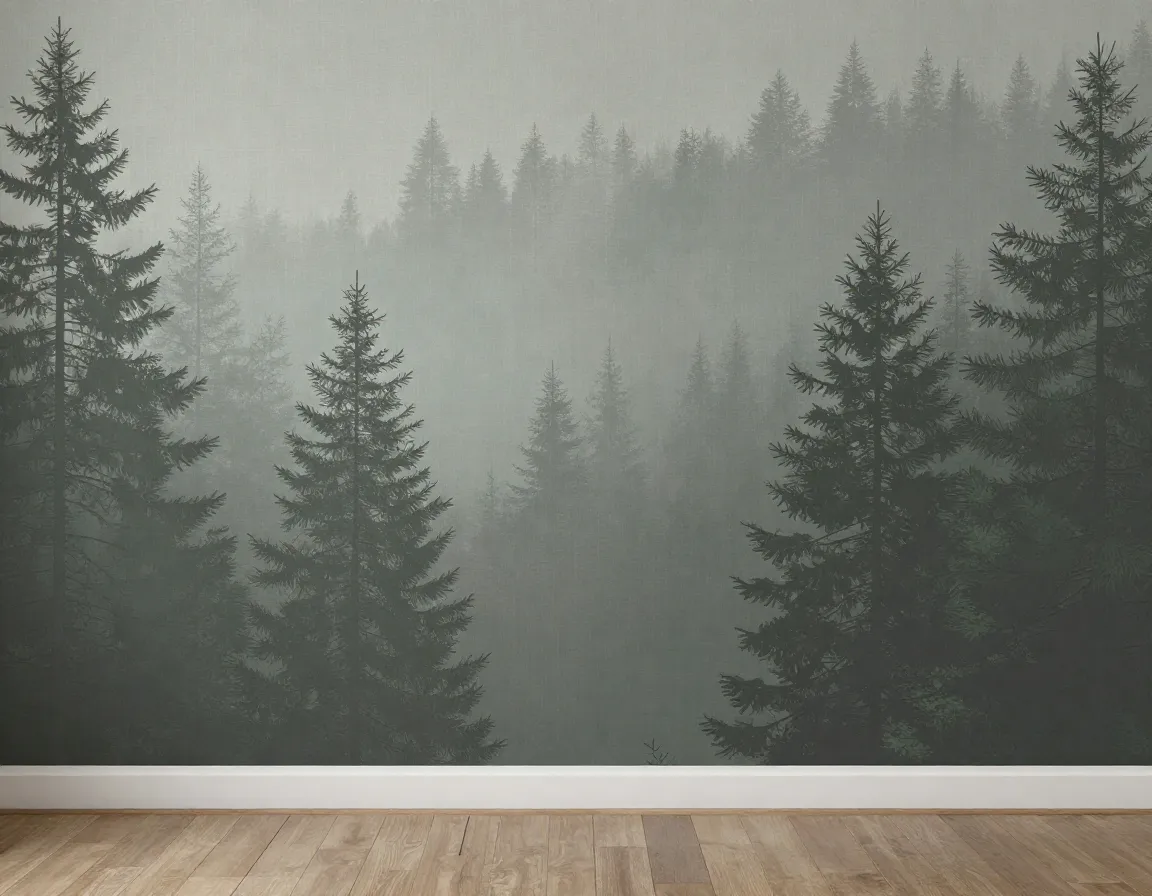 Misty floor to ceiling pine forest mural with textured finish
